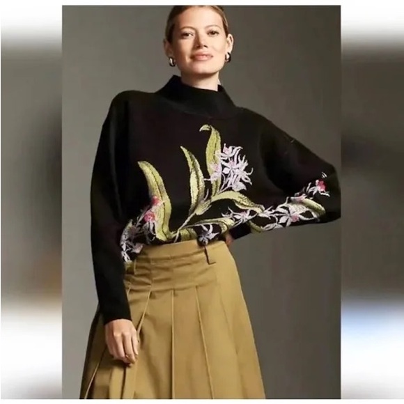 Maeve Anthropologie Carys Black Floral Print Mock Neck Knit Pullover Sweater L - Picture 2 of 8